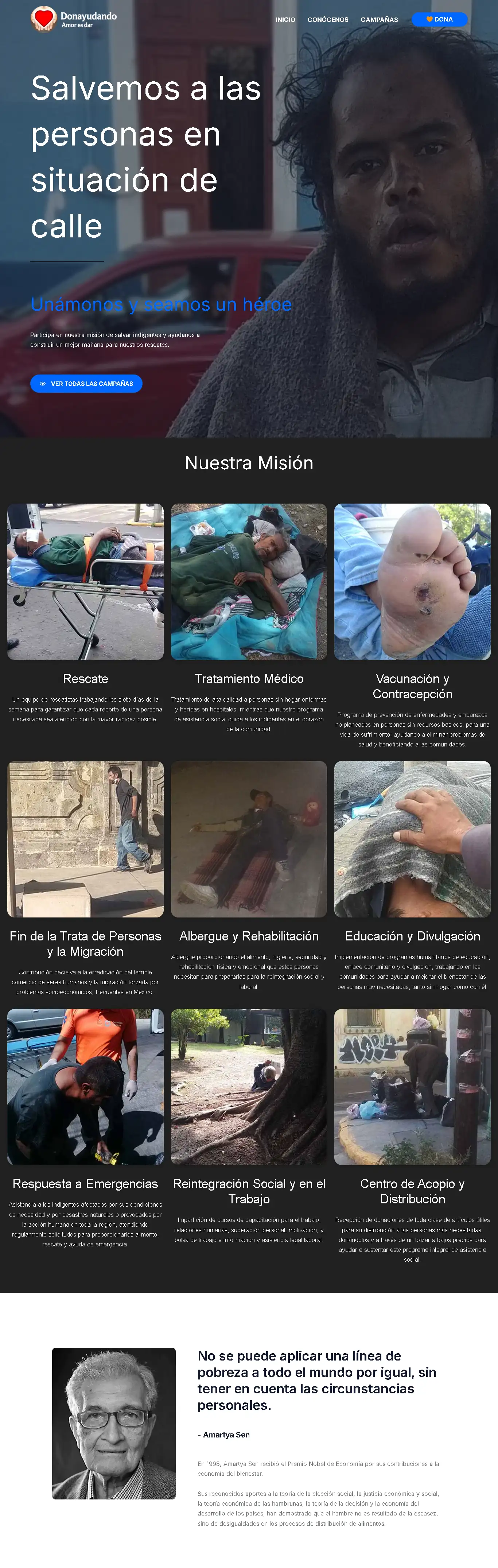 Vista previa parcial de la página de inicio en el nuevo diseño del sitio Donayudando.org - Versión para computadora